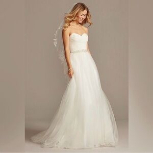 David's Bridal Style MK3576 Cream Tulle Wedding Dress with Beaded Sash